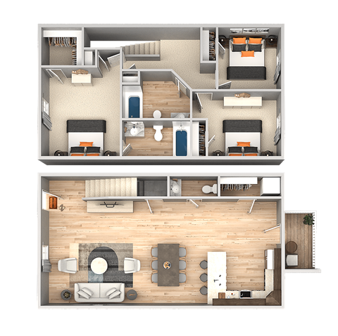 A top and bottom floor plan of a house with a living room, kitchen, and bedrooms.